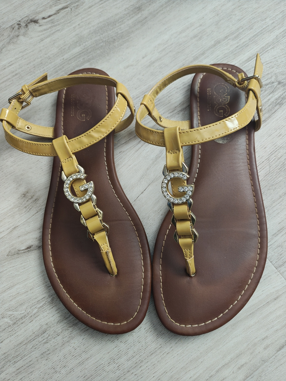 G by Guess Yellow T-Strap Crystal G Logo Sandals